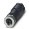 Connector with four-pole connection, black housing and silver screw lock, suitable for industrial applications.
