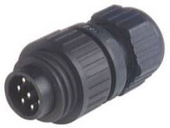 A black, cylindrical electrical plug with multiple contact pins, suitable for industrial applications.