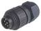 A black, cylindrical electrical plug with multiple contact pins, suitable for industrial applications.