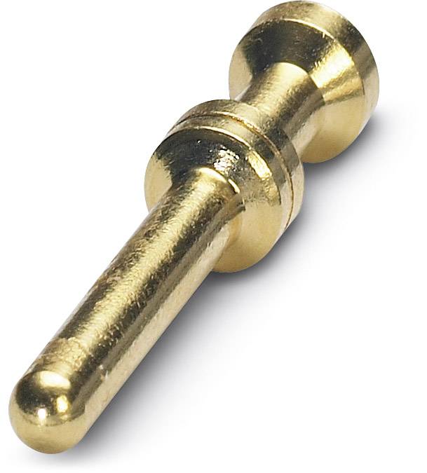 A golden pin connector lying at an angle, with a smooth, glossy surface, is used as an electrical contact.