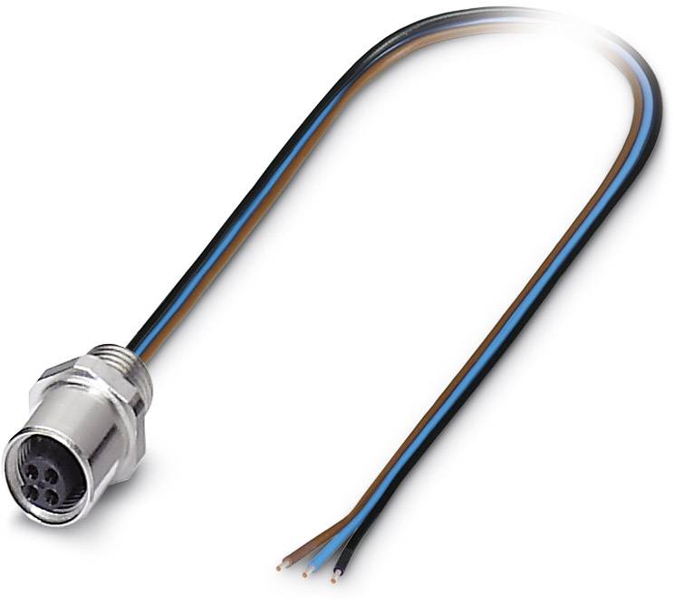 An electric circular plug with an exposed cable featuring three cores in blue, black, and brown, set against a white background.