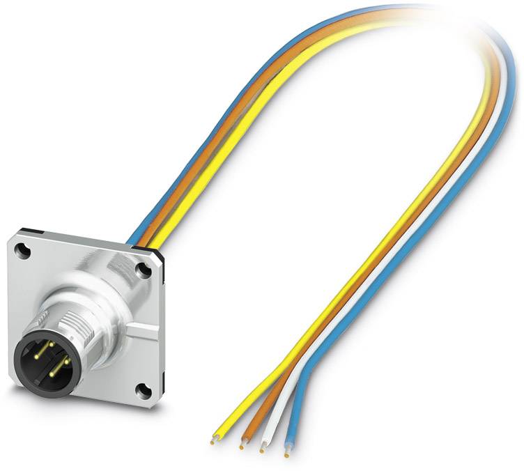 Foreign cable with a metal plug connection. The cables are colour-coded: yellow, blue, orange and grey.