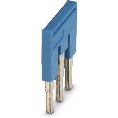 Blue electronic contact plug with three silver metal pins, narrow rectangular shape, suitable for electrical connections.