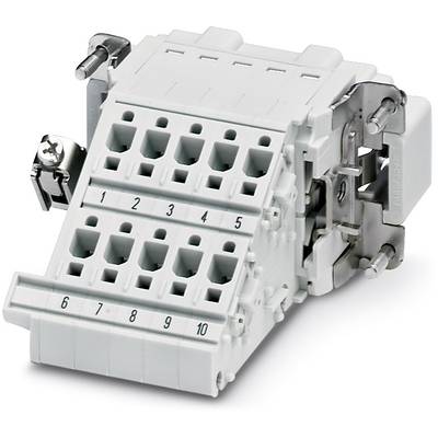 A white electrical connector with ten numbered connection holes, angled forwards, surrounded by metal terminals.