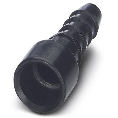 A black, spiral-coiled rubber hose adapter with a wider opening on one side, lies at an angle on a light surface.