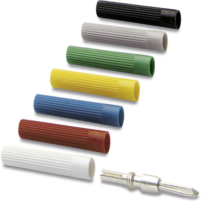 Assorted coloured insulating sleeves and a metal plug, arranged diagonally. The sleeves display a ribbed surface.