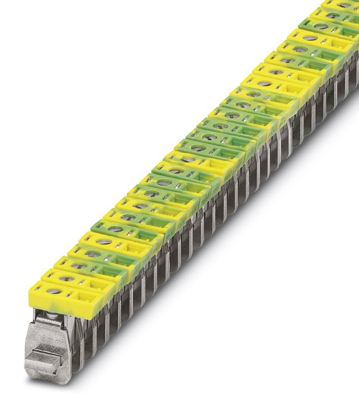 A row of yellow and green terminal blocks on a metal rail, used for electrical connection and earthing in control cabinets.