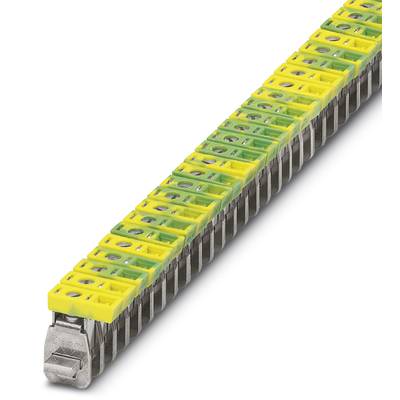 A row of yellow and green terminal blocks on a metal rail, used for electrical connection and earthing in control cabinets.