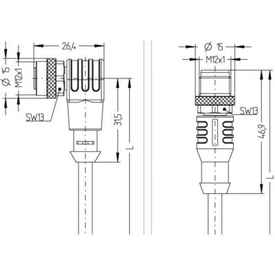 Technical drawing of an M12 connector with thread dimensions, length specifications, and cable connection. Main view from two sides.