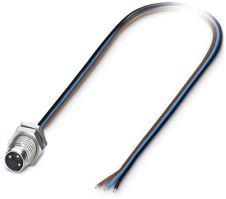 Cable with an M12 connector, three coloured wires (brown, blue, black) protruding from the other side, used for electrical connection.