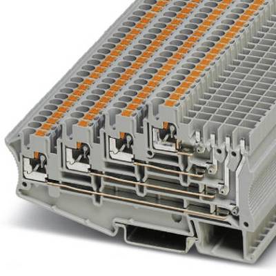 Grey terminal block with multiple connection points and orange levers for electrical wiring in control panels.