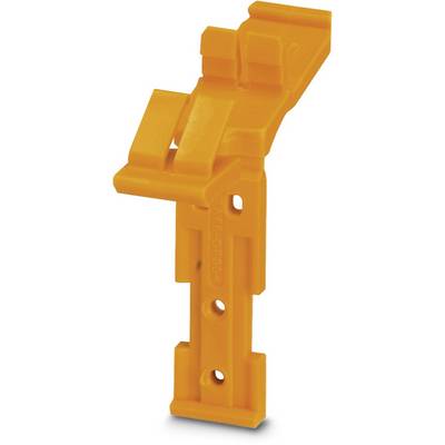 An orange plastic component with a hook and hole structure, potentially a mounting bracket or structural element for technical applications.
