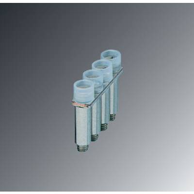 Four silver metal rods with blue plastic ends, arranged in a row on a grey background.