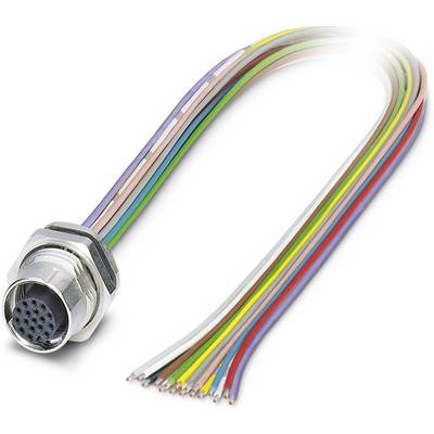A multi-coloured wiring loom with a multi-pin metal connector used for electronic connections.