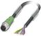 An electrical cable with a green plug on the left and exposed coloured wires on the right, suitable for technical applications.