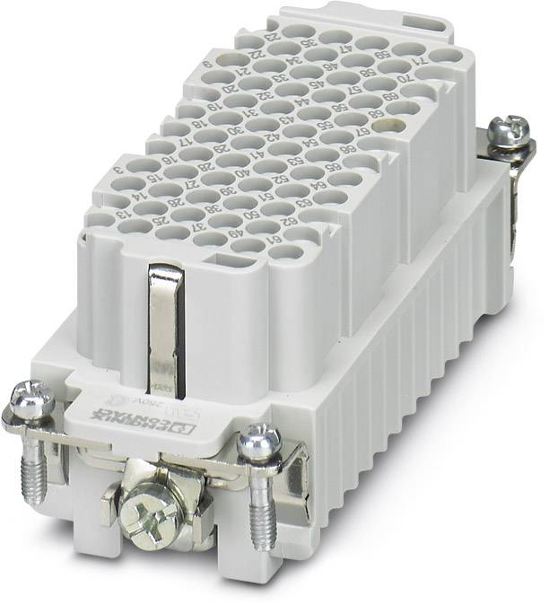 Industrial connector, grey, made of plastic, with multiple circular connection openings, two metal mounting screws.