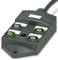 A black electrical junction box with four green sockets and a black cable, suitable for industrial applications.