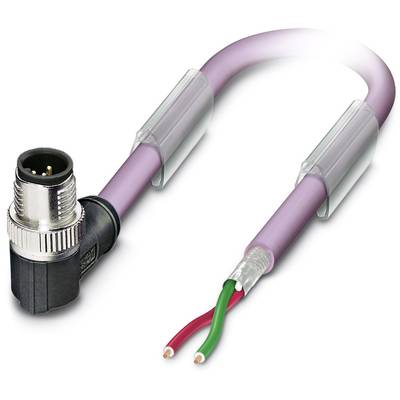 Lila cable with black connector, two visible wires in red and green, suitable for industrial applications.