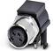 'Black DIN plug with 4 metal pins and black plastic housing, depicted on an isolated white surface.'