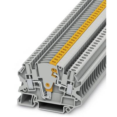 A grey terminal block module with orange elements shows the internal wiring and mounting options.