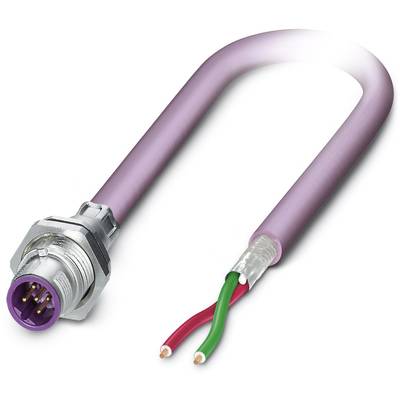 A purple cable with a metal connector on one side and three exposed wires (red, green, white) on the other side.