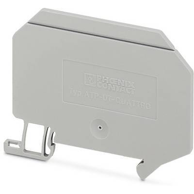 Grey end piece of an electrical terminal block. Inscription: 'PHOENIX CONTACT, Type ATP-UT-QUATTRO'.