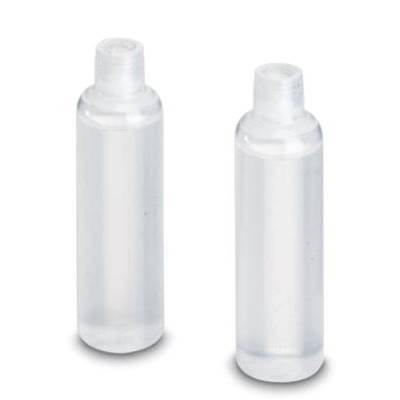 Two empty, transparent plastic bottles with screw caps. They are standing upright side by side.