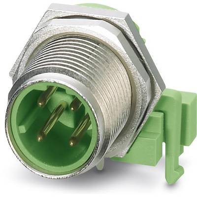 A green connector plug with metal threading and four pins, secured laterally by a mounting bracket.