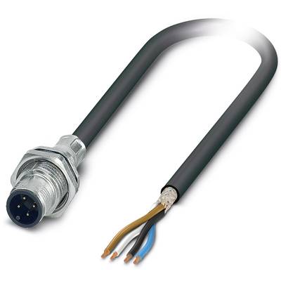 An electrical cable with exposed, coloured cores on the right side and a round, metallic plug on the left side.