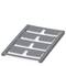A grey shelf with recesses, suitable for storing bakery trays or platters.