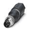 M8 connector with a round, black housing and three metal pins, suitable for industrial applications and automation.
