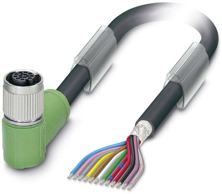 A green and black electronic cable with exposed, colour-coded wires and a round metal connection at one end.