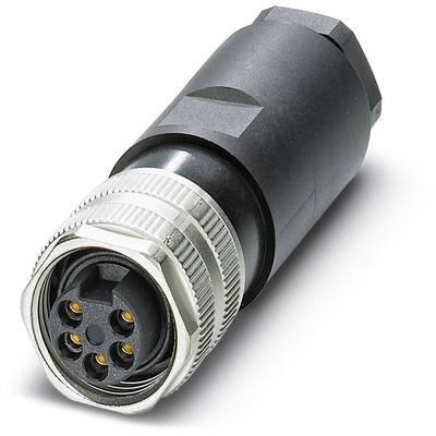 A black, cylindrical electrical connector with five metallic pins and a silver threaded ring for securing.