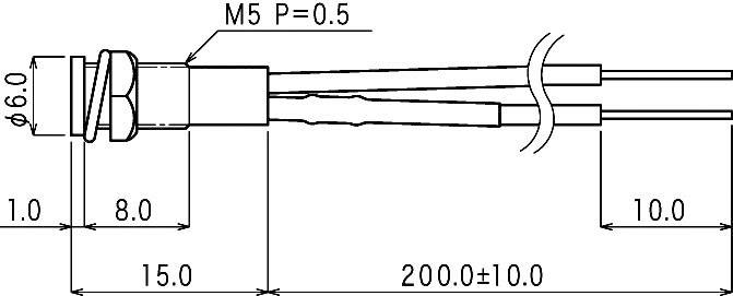 Technical drawing of a cylindrical connector with dimensions: diameter 6.0 mm, length 15 mm, thread M5 P=0.5.
