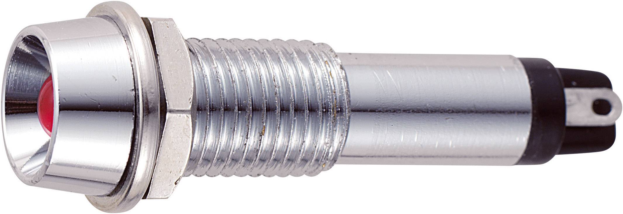 A metallic laser sensor with a cylindrical thread and a red light-emitting diode at its tip, against a white background.