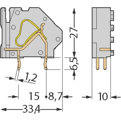 Technical drawing of an electrical component with dimensions. Width: 33.4 mm, Height: 27 mm, Depth: 10 mm. Cables and connections visible.