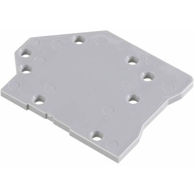 Grey plastic plate with eight holes at varying intervals. Flat, irregular shape, serves as a mounting base.