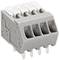 Grey connector with four terminals and white levers. Used for connecting electrical wires on a printed circuit board.