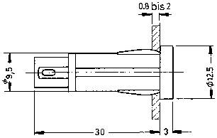 Technical drawing of a screw with dimensions: Diameter 9.5, Length 30, Thread 0.8 to 2, Head 12.5. Side view.