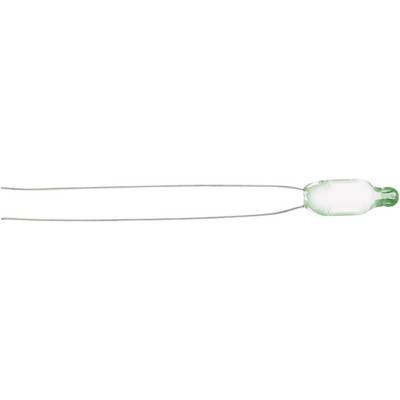 A small green electronic component with two long wires, likely a resistor or ceramic capacitor for a circuit.