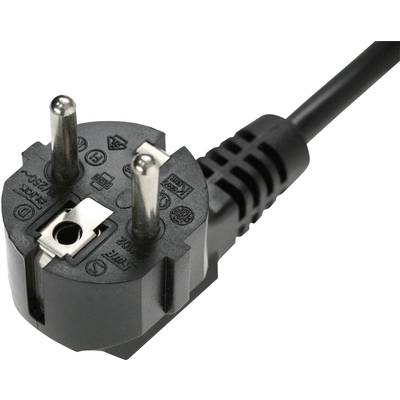 Close-up of a black Schuko plug with two metal pins and an earthing device. Suitable for 230V AC power supply.