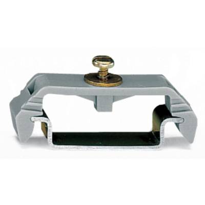 Metal bracket with screw on top, for stabilising objects. Silver and grey elements, suitable for industrial use.