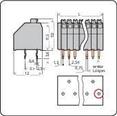 Technical drawing of an electrical connector with dimensions. Shows front and side view along with drilling details.