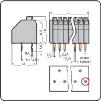 Technical drawing of an electrical connector with dimensions. Shows front and side view along with drilling details.