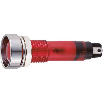 A red LED pilot light indicator with a metal frame and a plastic lens, mounted in a cylindrical housing.