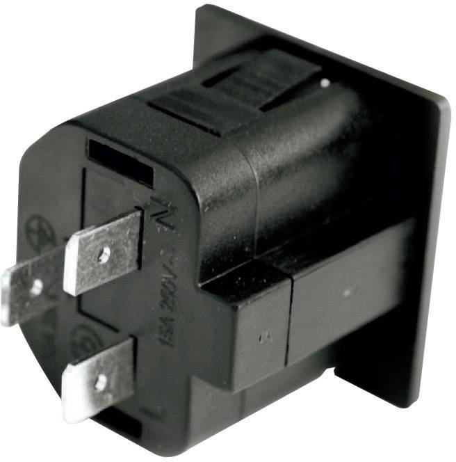 Black toggle switch with four metal contacts, in a rectangular plastic housing.