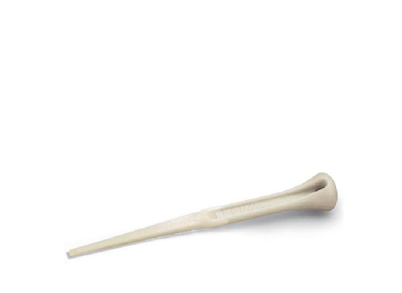 A white, cone-shaped uterine pipette lies on a white background. It is likely used in a medical context.