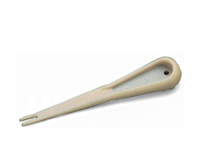 A beige, two-pronged garden tool attachment with a round handle for easy handling.