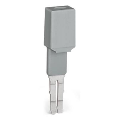 Grey electronic connector with a rectangular housing and two metal contacts at the bottom, suitable for connecting in electrical systems.
