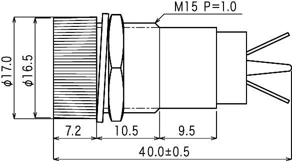 Technical drawing of a cylindrical component with dimensions: diameter ranges 17.0 and 16.5 mm, overall length 40.0 ± 0.5 mm, thread M15 P=1.0.